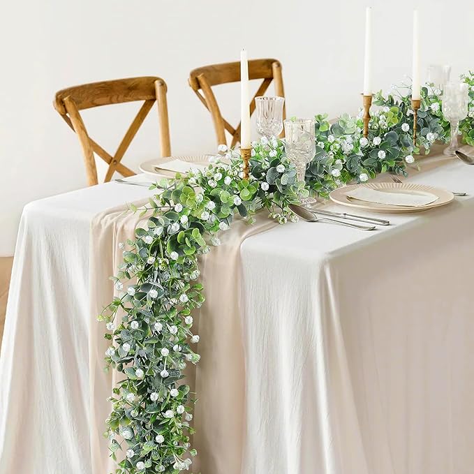 Faux Eucalyptus Garland 4 Pack – 24ft Artificial Greenery Vine with White Flowers for Wedding, Party & Mantle Decor