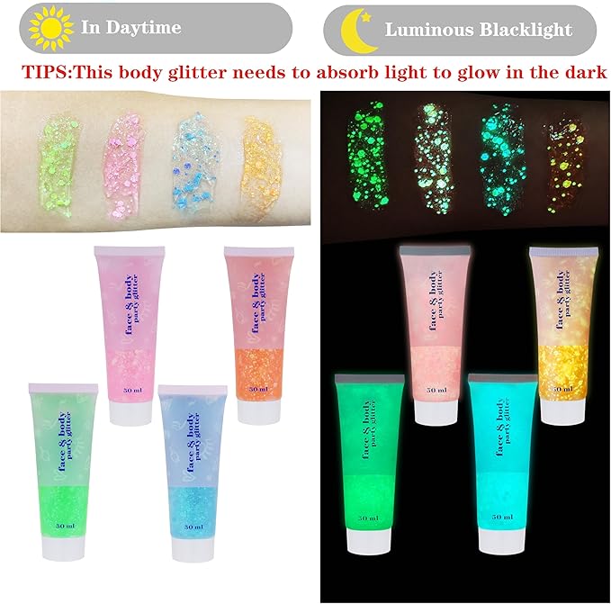 MEICOLY Neon Orange Body Glitter Gel,UV Blacklight Chunky Face Glitter Gel,Glow in The Dark Glitter Paint,Singer Concert Music Festival Party Rave Accessories,Halloween Glitter Makeup for Women,50ml