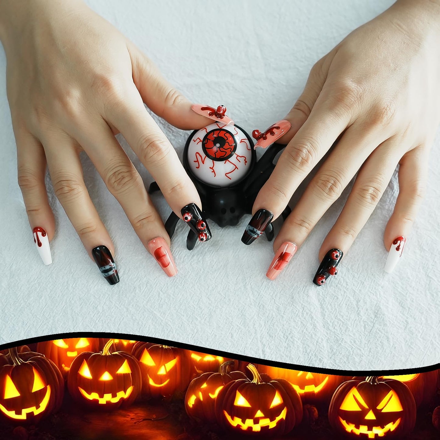 Tesytto Handmade Press on Nails Long Coffin - 3D Eyeballs with Red Drops Design, Multi-Layer Gel Acrylic Nails for Parties, Halloween (Vampire Eyes,M)