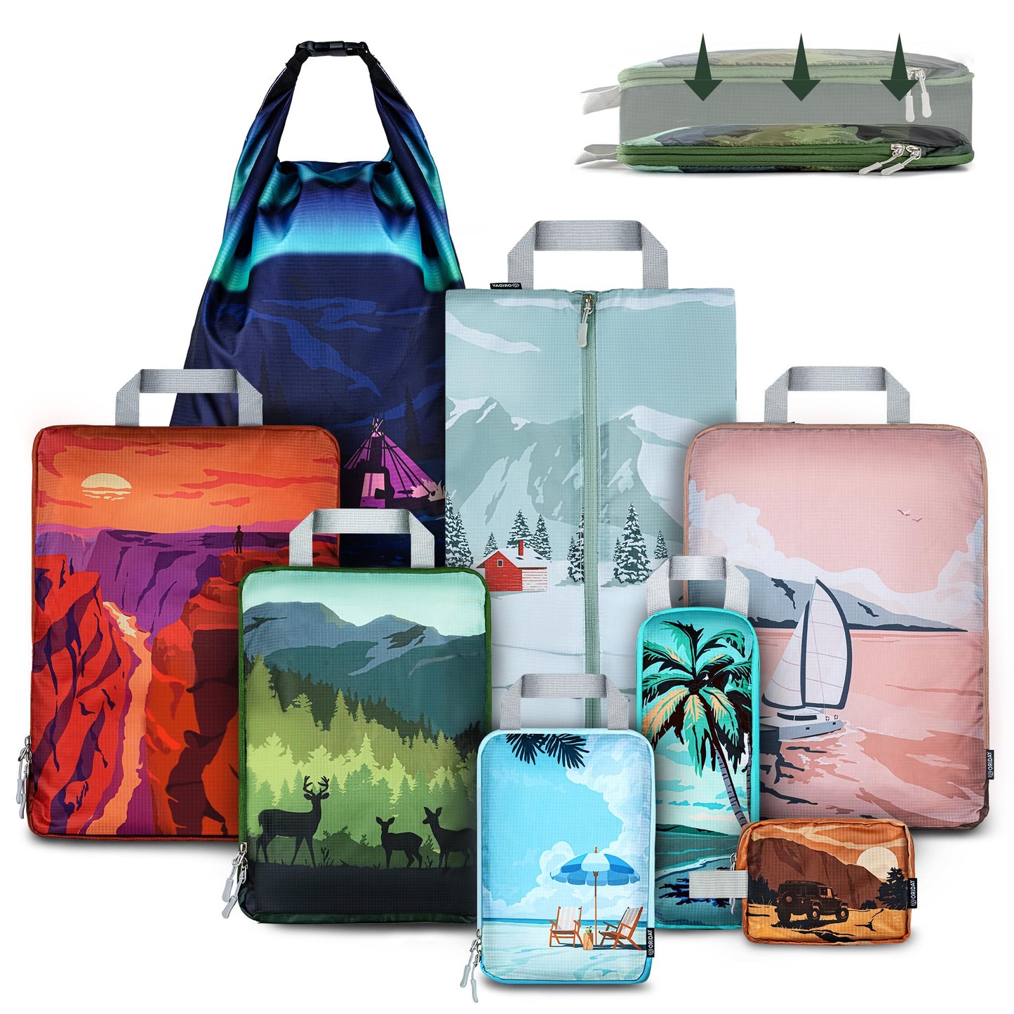 Set of 8 compression packing cubes for travel accessories- Expandable bags for clothing, toiletry, backpacks, organizing essentials (Holiday)