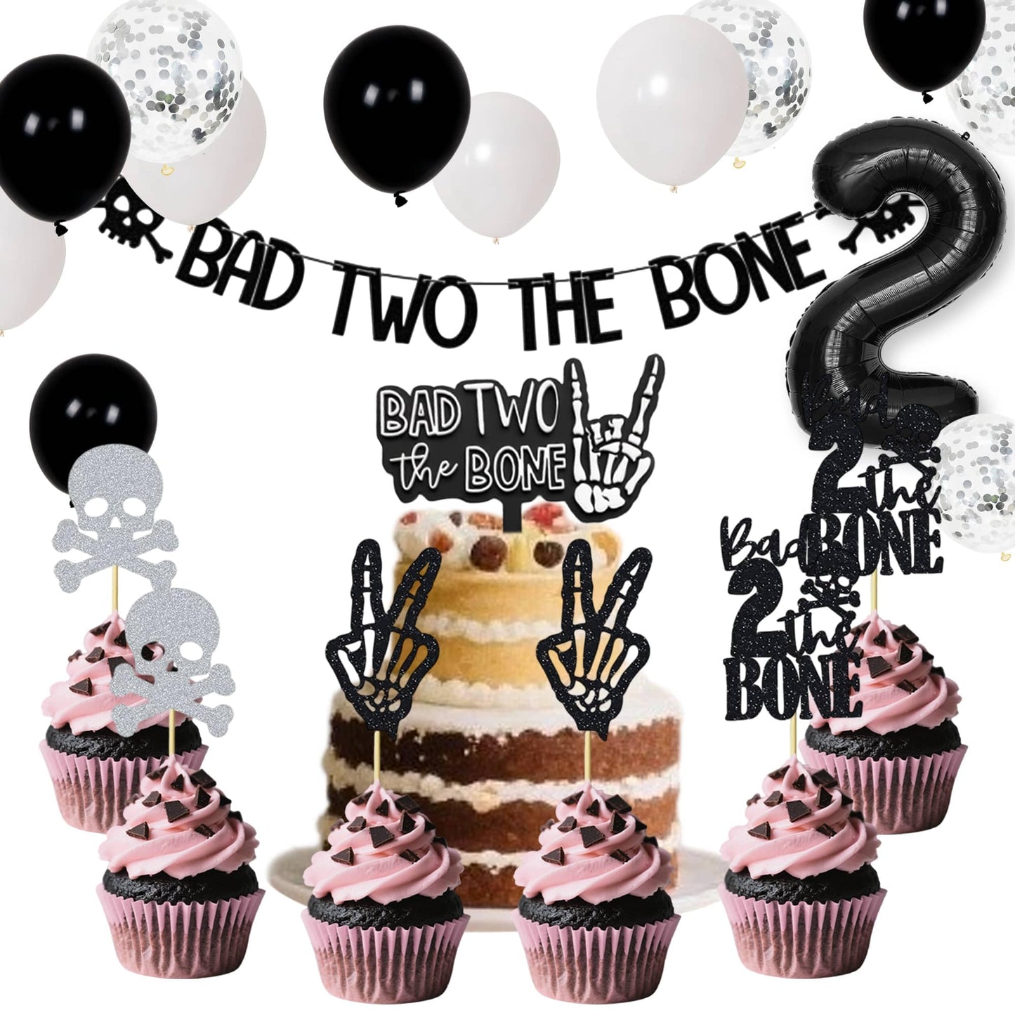 Bad Two The Bone Birthday Decorations,Include Banner Cake Toppers Cupcake Toppers,Party Music Themed Decorations with Balloons for Skeleton Rock and Roll Birthday(Black and White Balloons)