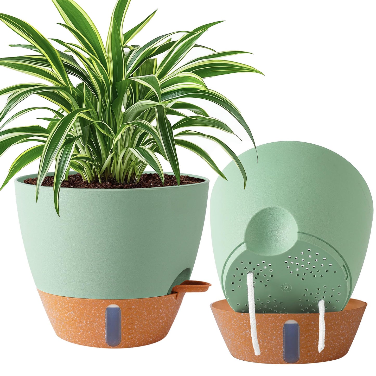 Fielda 2 Pack 10 inch Plant Pots, Plastic Self Watering Planters with Drainage Holes, Deep Reservoir, Water Level Indicator, Modern Decorative Flower Pots for Indoor Outdoor Plants (Green, 10 inch)
