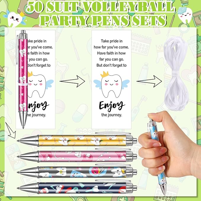 50 Sets Dental Assistant Gifts Dental Hygienist Gifts Teeth Themed Ballpoint Pens with Thanks Cards Bulk for Coworkers Women Doctor Nurse Graduation Accessories Dentist Office Staffs Favors