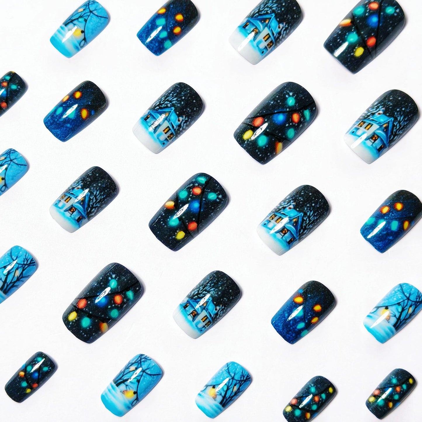 24Pcs Winter Snow House Press on Nails Christmas Short Square Fake Nails with Lantern Designs Snowflake Xmas Glue on Nails Full Cover Cute Acrylic Stick on Nail for Women