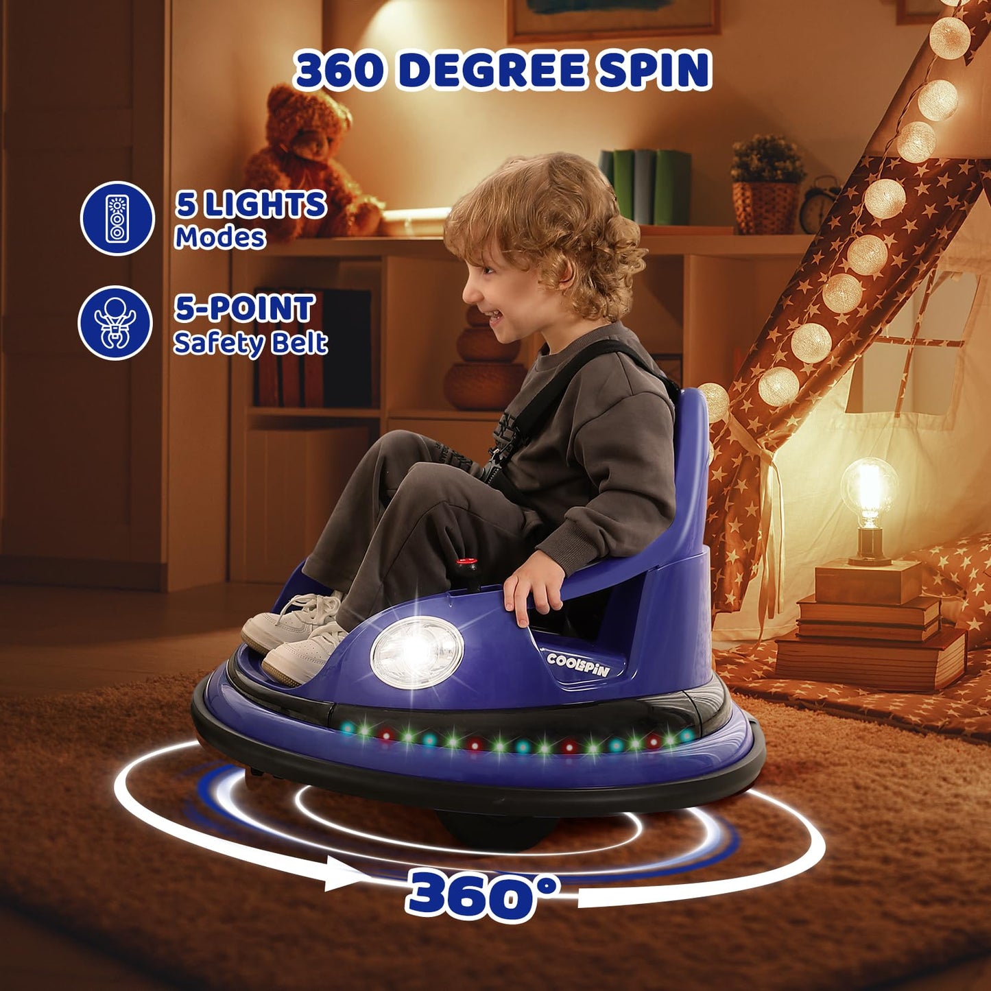 ELEMARA Bumper Car, 1.9MPH Max, 12V Electric Car for Kids W/Parent Remote, Bluetooth Ride on Toys, Ride on Car W/2-Speed, 2 Driving Mode, 360°Spin, Music,5 Lighting Mode, DIY Stickers, Blue