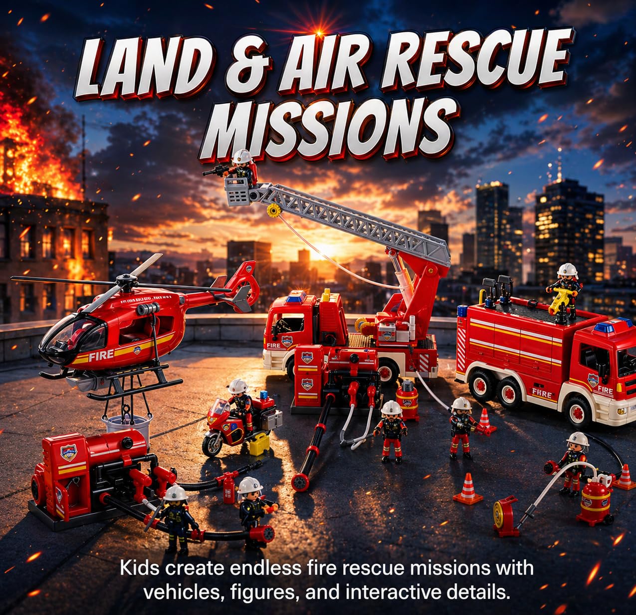 Tiny Force Fire Rescue Set – Fire Truck with Ladder, Toy Helicopter, Motorcycle & Fire Water Pump, Emergency Pretend Play Toys for Kids & Toddlers