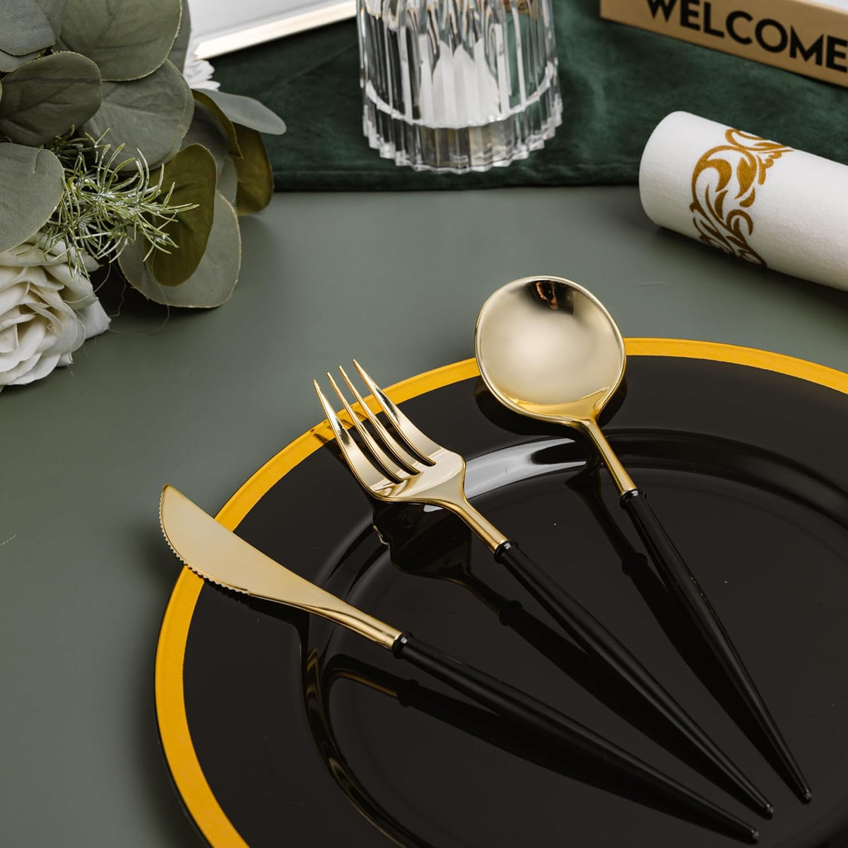 N9R Gold Plastic Cutlery Set - 90pcs with Black Handle - Fancy Plastic Silverware, Heavy Duty - 30 Spoons, 30 Forks, 30 Knives for Halloween and Everyday Use