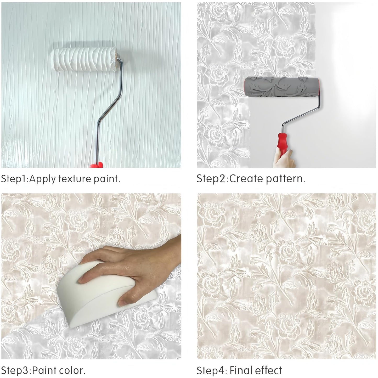 BANCOO 10'' Rubber Graceful Lively Floral Texture Embossed Roller – DIY Textured Wall Decor Tool for Home Renovation & Household Art Craft (BC732L)