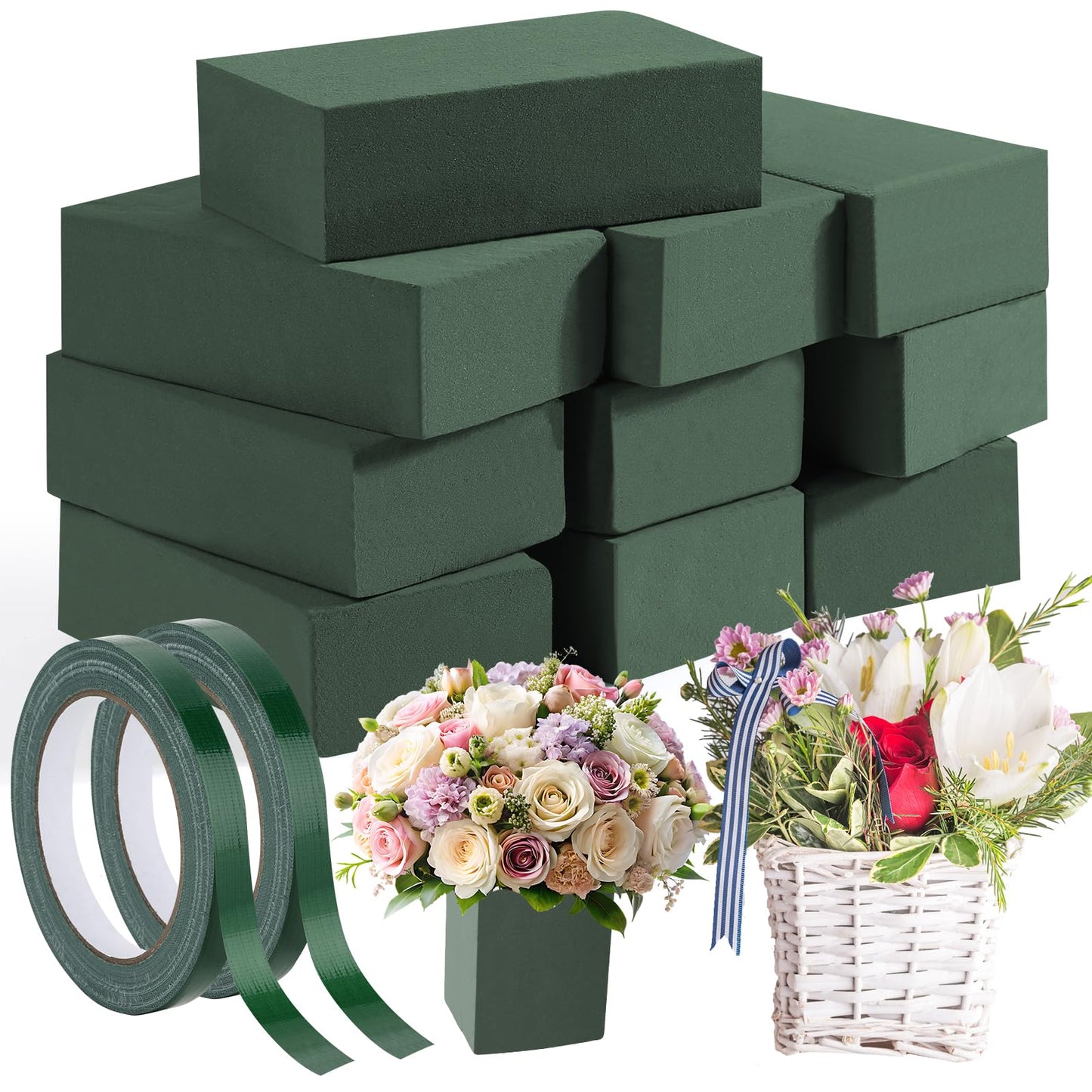 MAPVOLUT 10 Pcs Small Floral Foam Blocks 5.5” x 3.1” x 1.7”, with 2 Rolls Waterproof Floral Tape - 12mm x 65.62ft, for Fresh or Artificial Flower Arrangements, DIY Wedding, Home Decor, and Crafts
