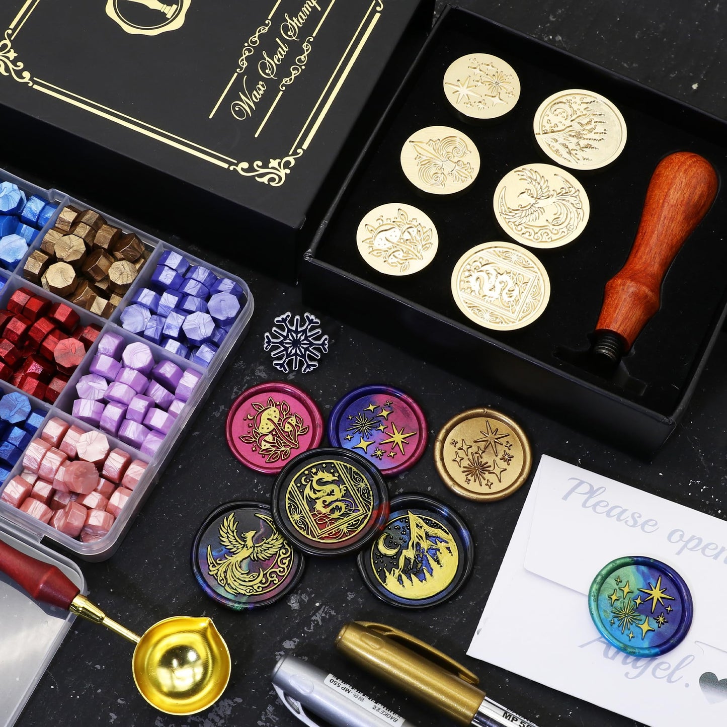 SWANGSA Starry Wax Seal Stamp Kit with 450pcs Sealing Wax Beads, 2 Pens and Spoon for Wedding, Invitations, Cards, Envelope, Christmas