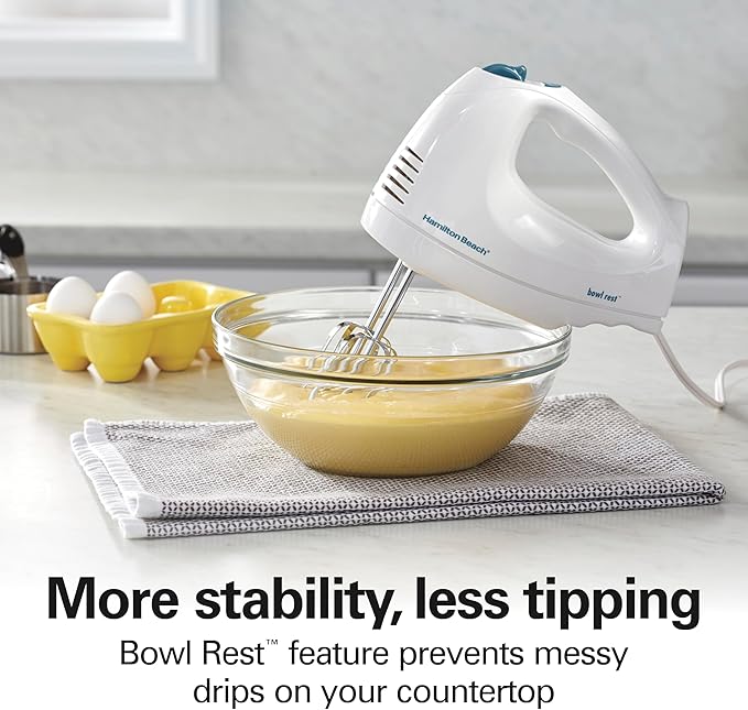 Hamilton Beach 6-Speed Electric Hand Mixer with Whisk, Traditional Beaters, Snap-On Storage Case, 250 Watts, White