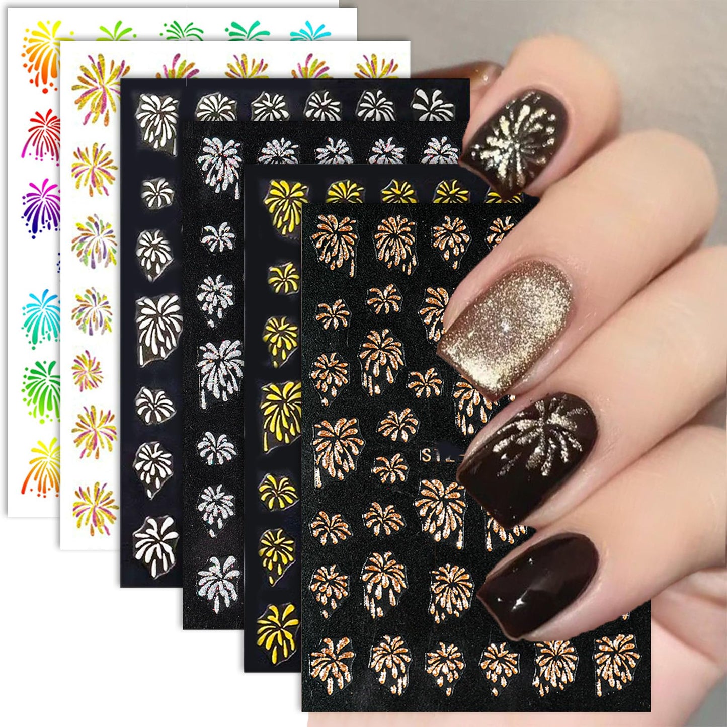 Gold Firework Nail Decals - Glitter Self-Adhesive Stickers, Bronzing Designs for Nail Art on New Year Nails