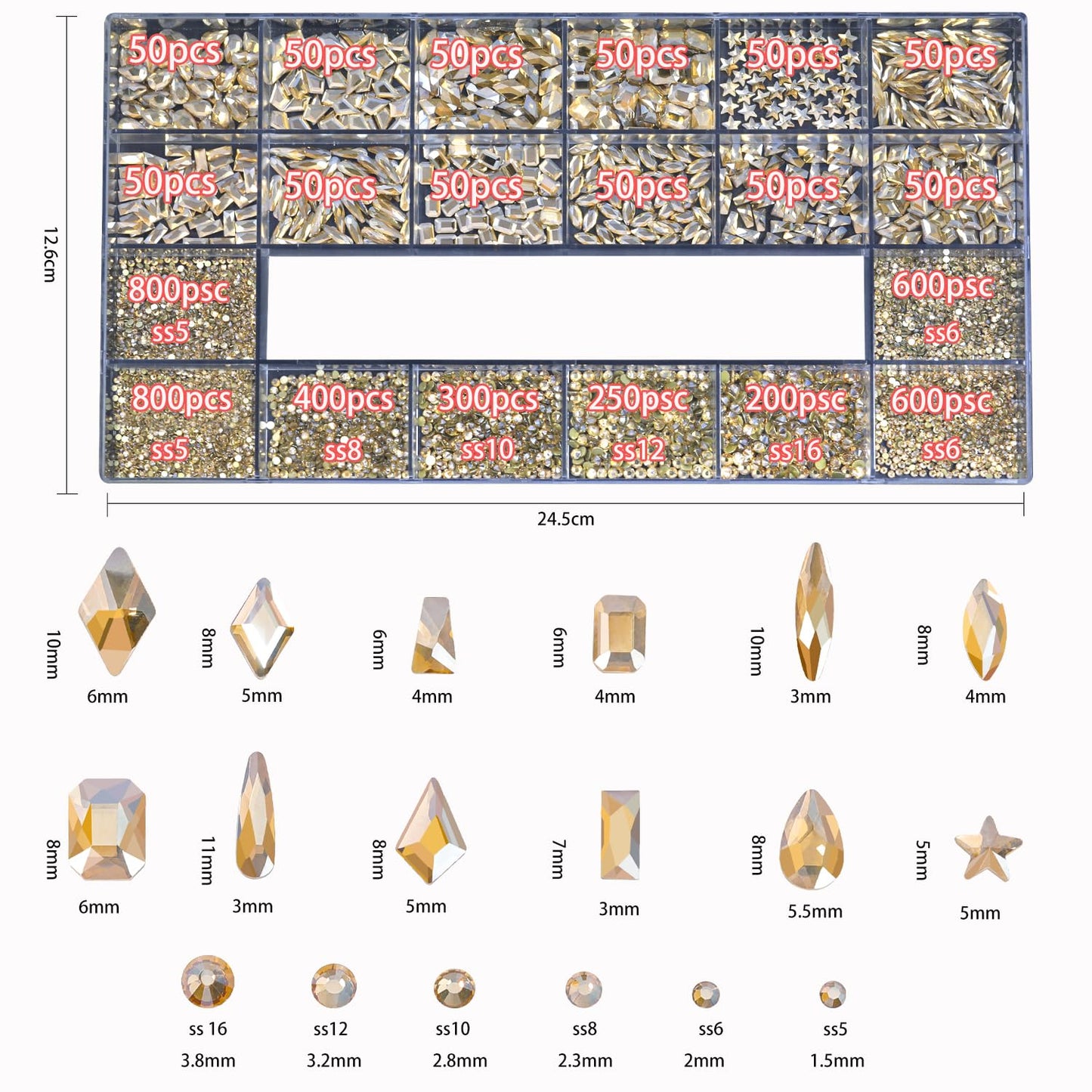 HNUIX Nail Rhinestones - 4550pcs Champagne Gold, Multiple Shape Gems, Flatback Crystal Rhinestones, with Kit and Glue Gel, for Nail Art
