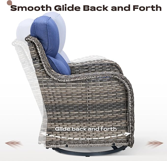 Rilyson 6 Piece Outdoor Patio Swivel Rocker Chairs, Waterproof Wicker, High Back, Deep Seating, Wide Armrest, Upgraded 6 inch Thick Cushions, Side Table, Ideal for Deck Porch Yard, Mixed Grey/Blue