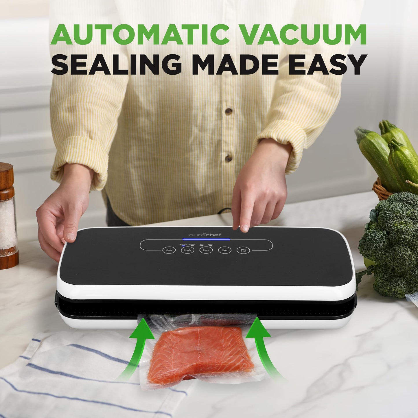NutriChef Automatic Vacuum Air Sealing System for Food Preservation with Starter Kit, Compact Design, Lab Tested, Dry & Moist Food Modes with Led Indicator Lights, Black