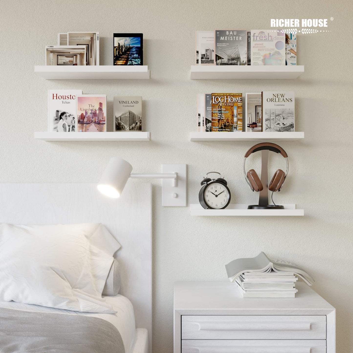 RICHER HOUSE 5 Set White Floating Shelves, Wall Mounted Shelves for Wall Decor, Modern Picture Ledge Shelf with Lip for Storage Nursery, Bedroom, Living Room, Bathroom - White