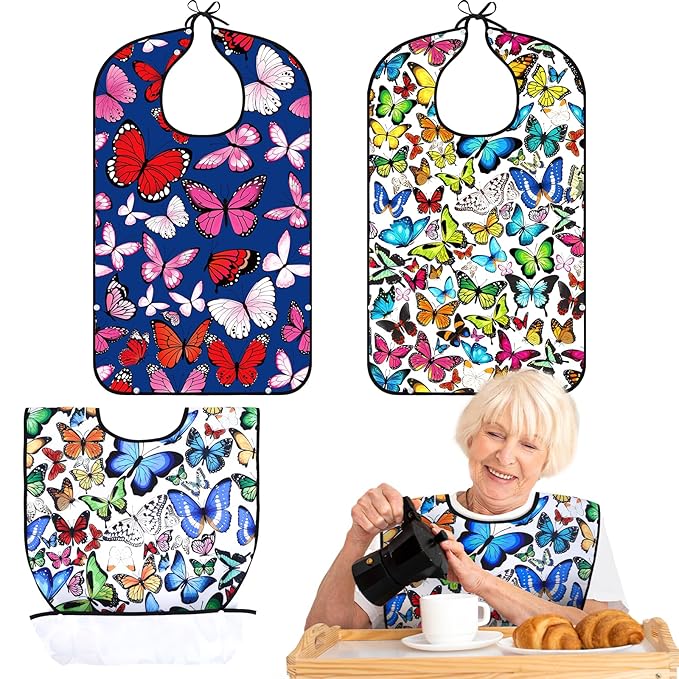 XKDOUS 2 Pack Adult Bibs for Man and Women, Waterproof and Reusable Adult Bibs for Eating with Optional Crumb Catcher, Machine Washable Dining Clothing Protector, Gifts for Women/Mom