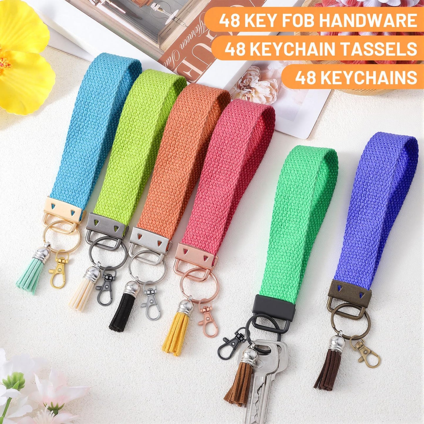 144 Pcs Keychain Hardware Set Key Fob Hardware Set - 48 Pcs 1 Inch Keychain with Keyring, 48 Pcs Colorful Leather Keychains Tassel and 48 Pack Swivel Snap Hooks for DIY Craft Supplies (Multicolor)