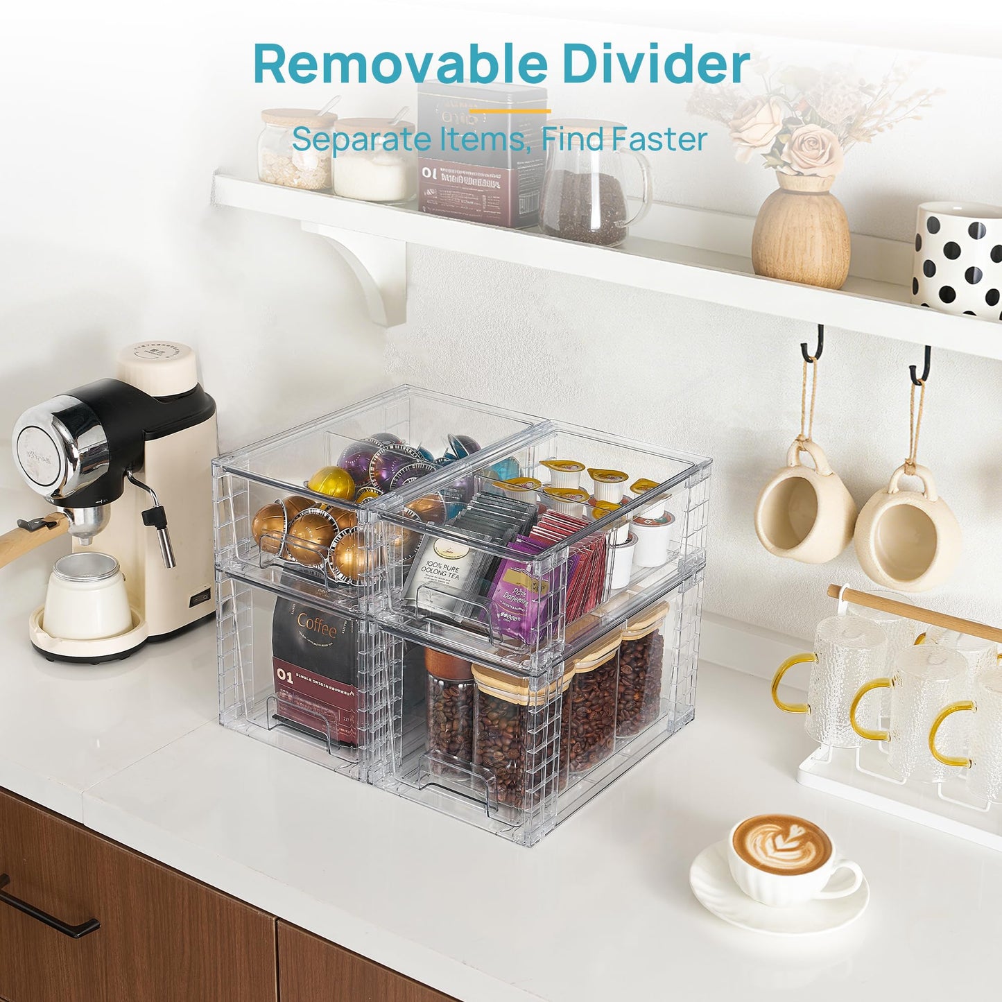Vtopmart 4 Pack Clear Stackable Storage Drawers,Under Sink and Kitchen Organizers Storage,Easy to Assemble Plastic Drawers for Baby Bottle,Medicine, Bathroom,Cabinet and Pantry Organization