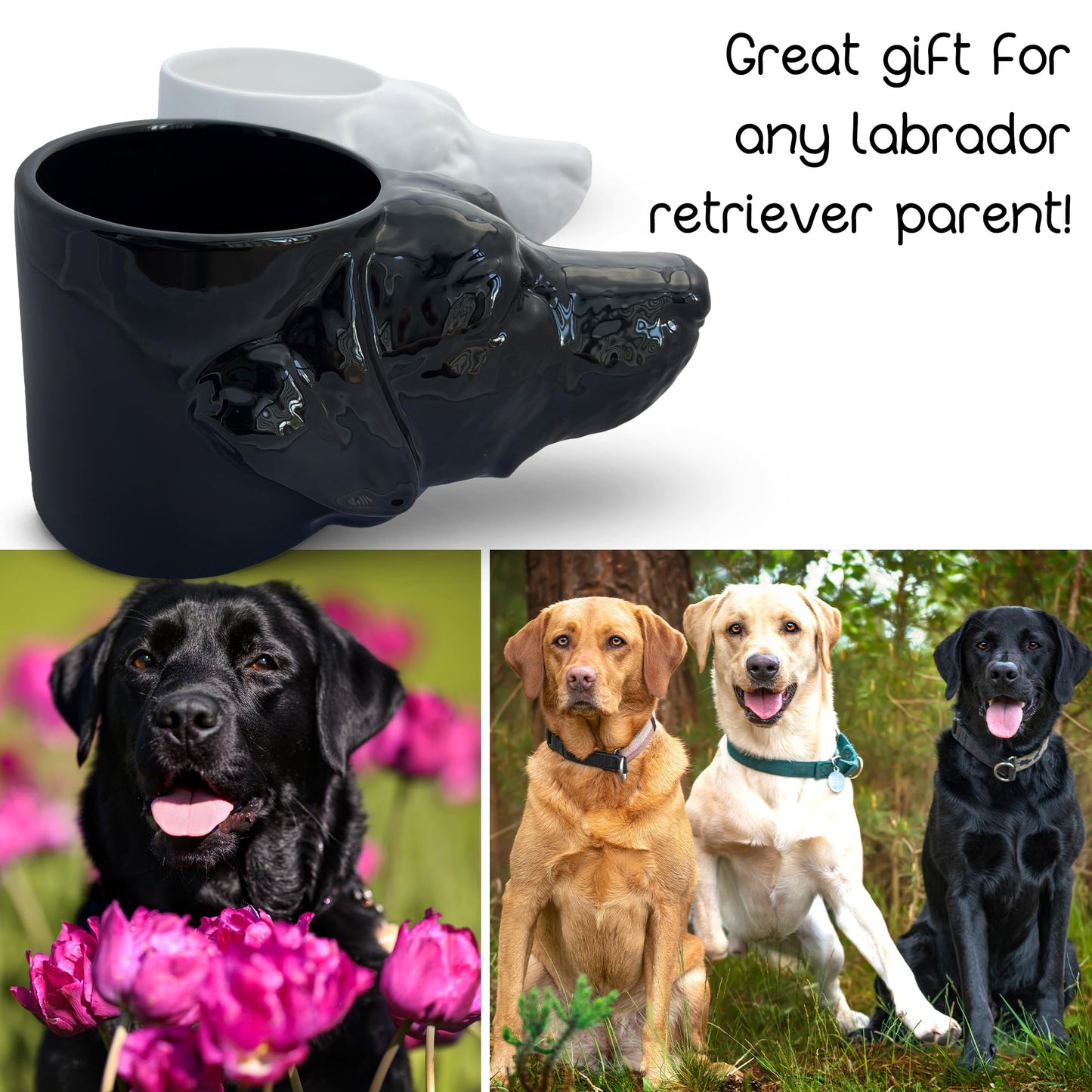 Novelty Labrador Retriever Dog Head Planter w/Drainage, Yellow, Black, Chocolate Lab Mom Dad Gift, Ceramic Pot (Black)