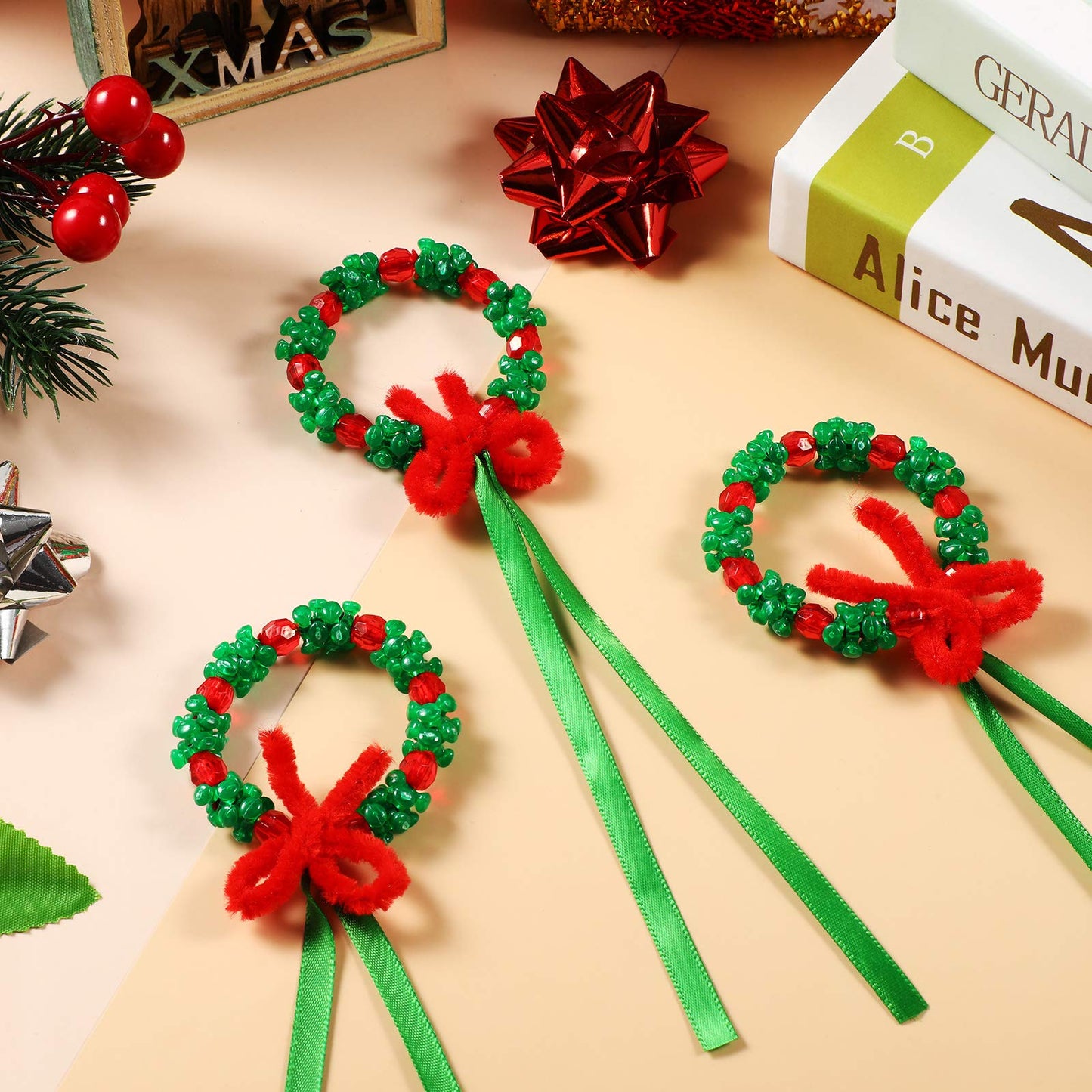 WILLBOND 30 Set Christmas Craft for Adults 1100 Pcs Tri Beads Ornaments Kit with Gift Bag Pipe Cleaner Xmas DIY Wreath & Tree Hanging Decorations for Party Supplies