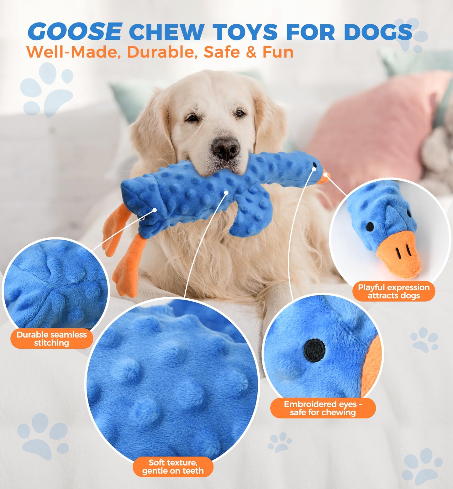 IPTPAS Squeaky Plush Dog Toy for All Breeds, Multifunctional Goose Dog Toy with Honking Sound, Crinkle Paper, Treat Pocket, Durable Soft Stuffed Animal for Chewing, Cuddling, Interactive Play (Blue)
