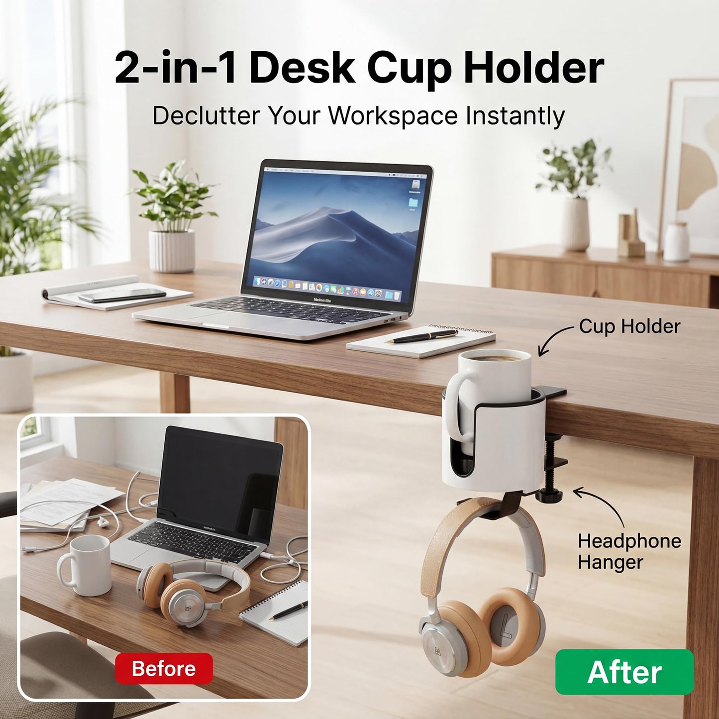 GUNKING Luxury 2-in-1 Anti-Spill Cup Holder with Under Desk Headphone Hanger (White)