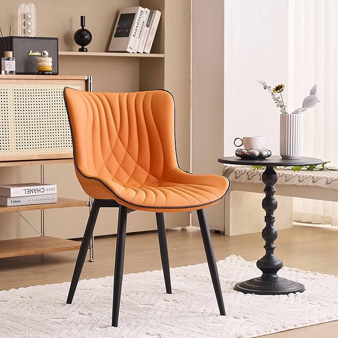 YOUTASTE Dining Chairs Set of 2, Mid Century Modern Upholstered Faux Leather Kitchen Room Chairs, with Black Metal Legs, Armless Accent Chair for Living Room, Bedroom, Vanity, Orange