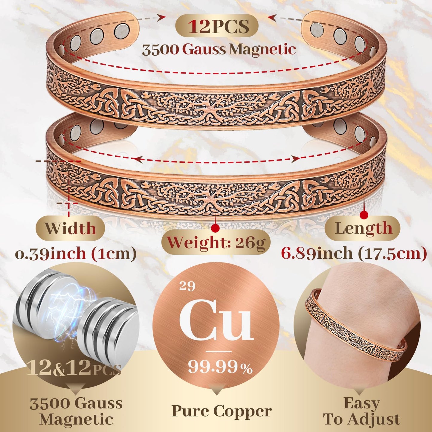 Auramag Magnetic Bangle for Women, 99.99% Pure Copper Cuff Bangle with 3500 Gauss Magnets, Copper Jewelry Gift Adjustable (Set of 2)