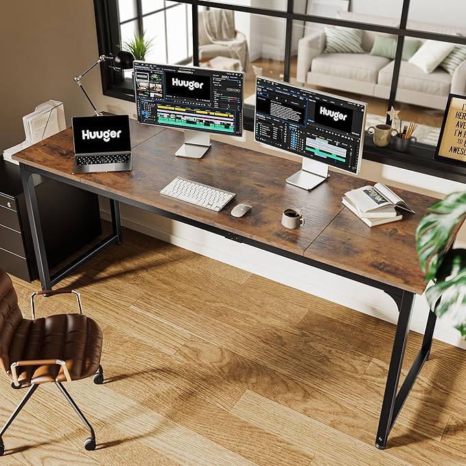 Huuger Computer Desk, 70 Inch Office Desk, Gaming Desk with Storage, Writing Desk Work Desk for Home Office, Study, Long Simple Desk, Large Legroom, Metal Frame, Rustic Brown