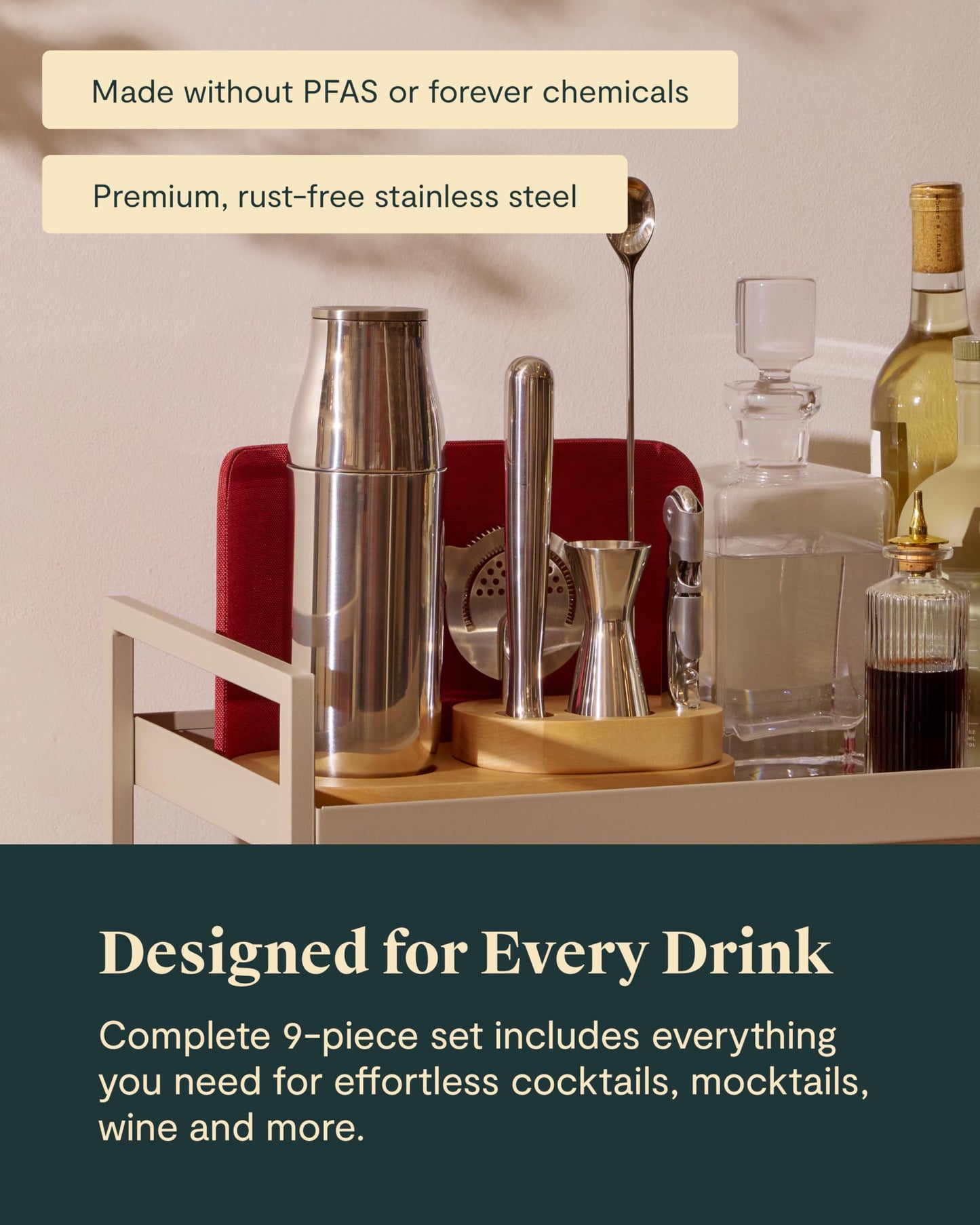 Caraway 9-Piece Complete Bar Set - Cocktail Shaker, Jigger, Muddler, Wine Key, Strainer, Bar Spoon, Storage Organizer, Magnetic Backer - Bartender Accessories - Tools for Home Bartending - Mist
