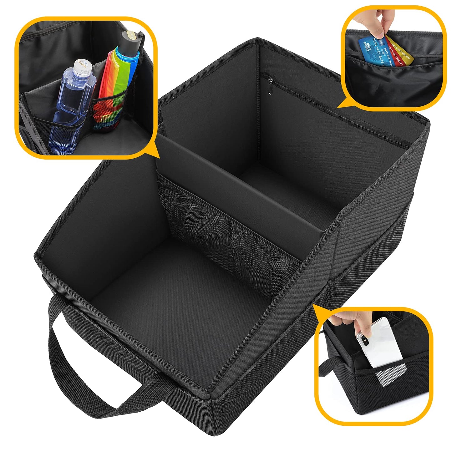 INFIVITA Car Organizer - Automotive Organizer for Front And Back Seat or Floor, Car Caddy Organizer with Divide, Handles and Multiple Mesh Pockets