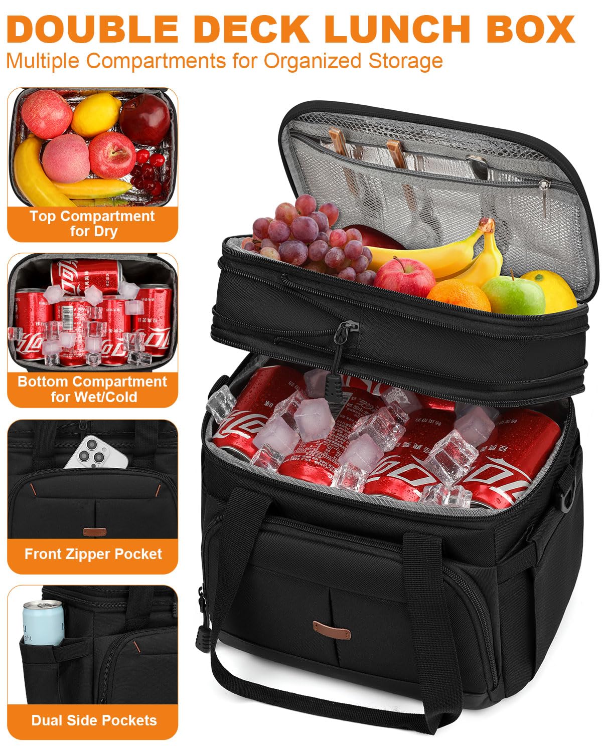 Pritent Lunch Box For Men Women Double Deck Insulated Lunch Bag For Men Woman Leakproof Expandable Cooler Bag with Adjustable Shoulder Strap for Work Picnic School(Black,Medium)