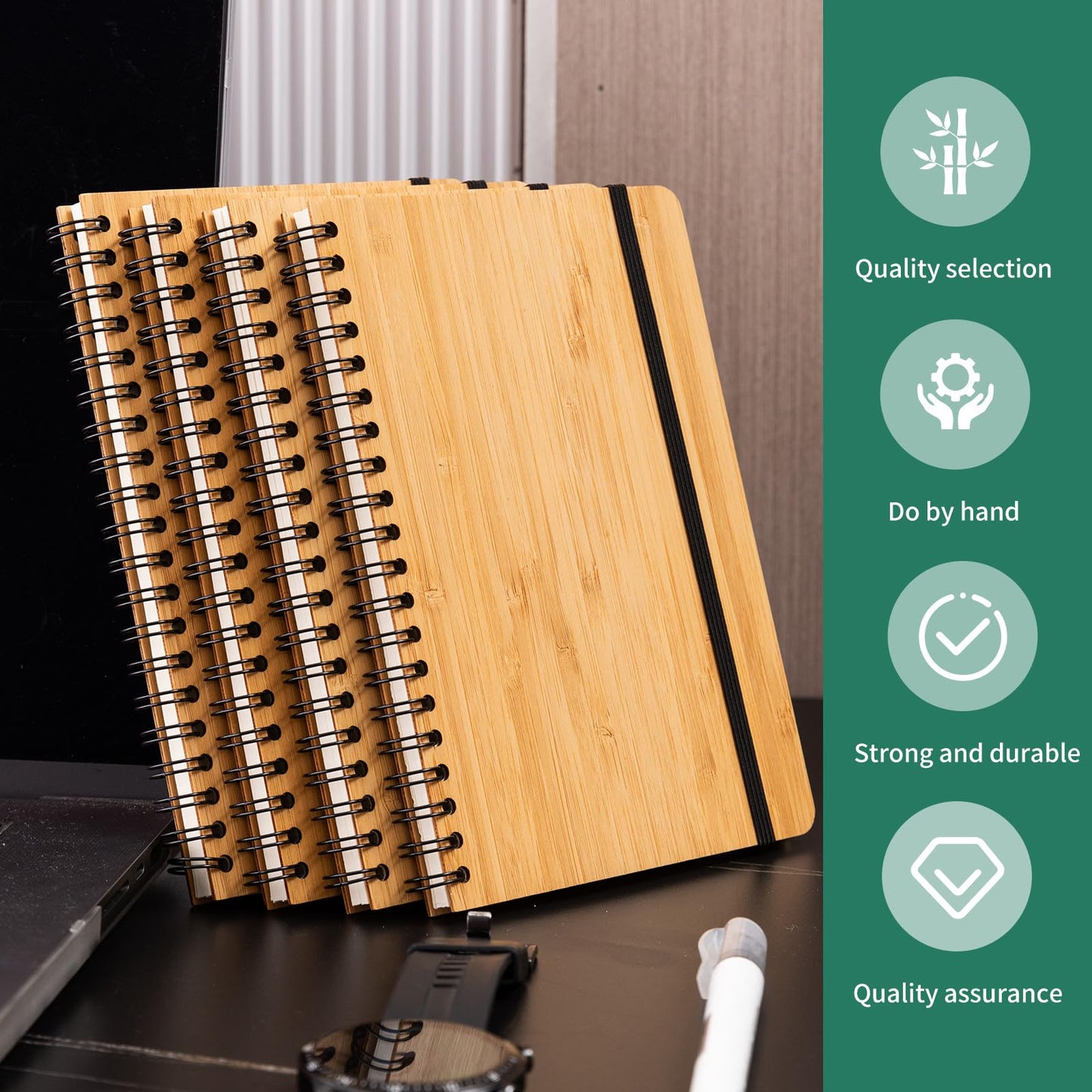 CWUINT 4 Packs Lined Bamboo Notebook Journals, Wooden Notebooks 80 Pages, 5" * 7" Hardcover Notebook College Thick Paper Notebook, Journaling Notebook for Work Women Men School