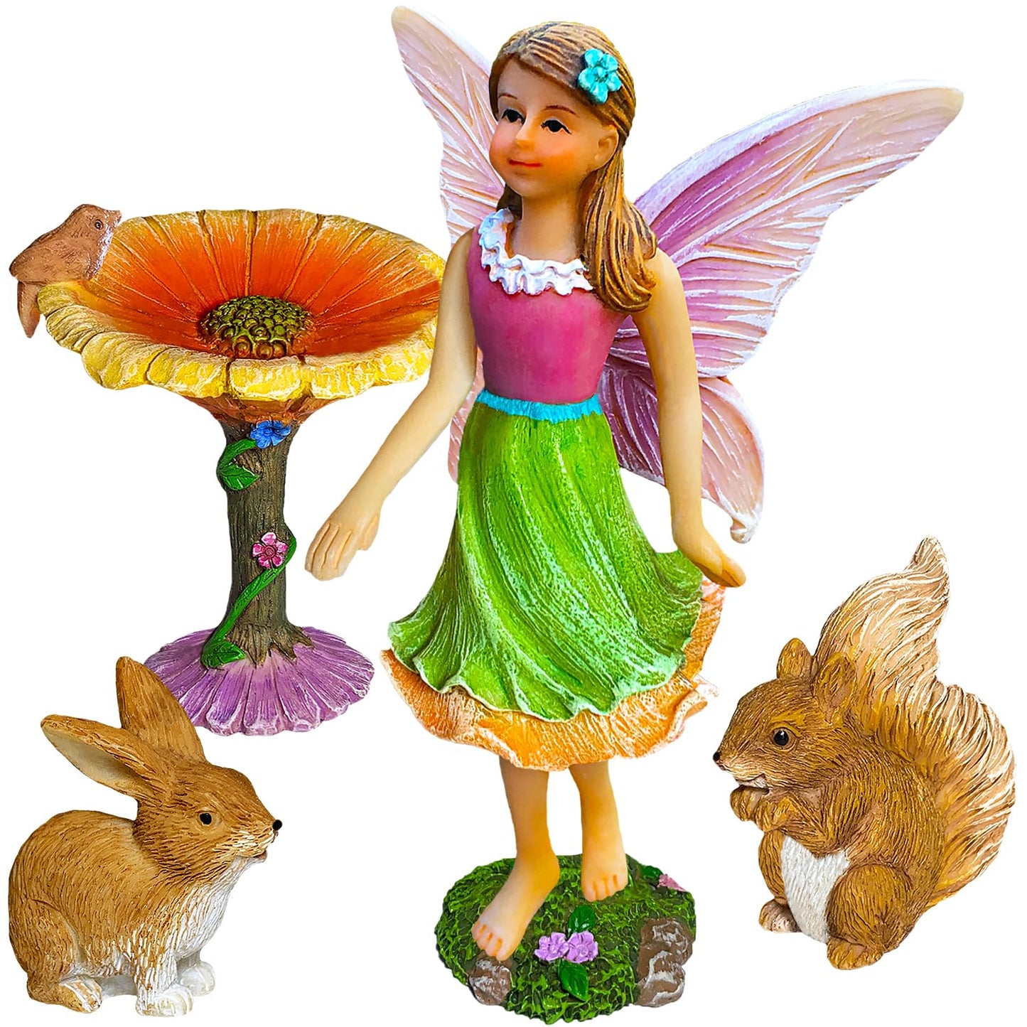 Mood Lab Fairy Garden Figurines with Flower - Miniature Decor Set (4 pcs) - Statues & Accessories - Outdoor Indoor Garden Decor