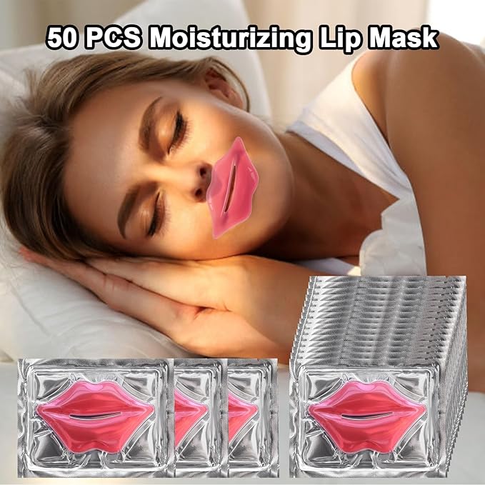 50 PCS Collagen Crystal Lip Masks,Moisturizing Collagen Lip Mask,Pink Lip Care Pads Mask for Dry Lips,Lip Patches for Hydrating Nourishing,Anti Chapped,Anti-Wrinkle,Plump Your Lips