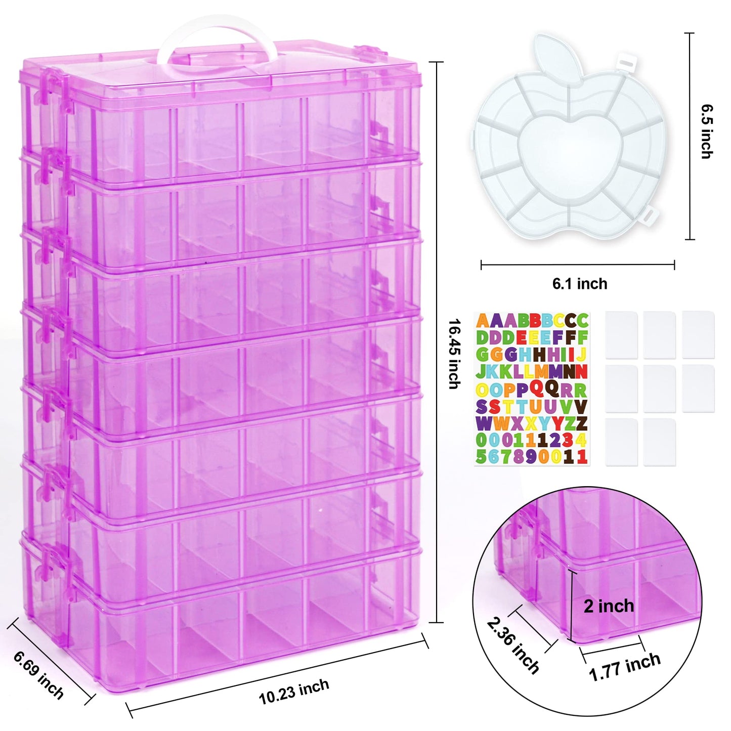 7 Layers Stackable Storage Container, 70 Adjustable Compartments (Purple) Stackable Storage Container, Perfect for Kids Toys, Art Crafts, Jewelry, Supplies, Mini Case & Letter Sticker Included