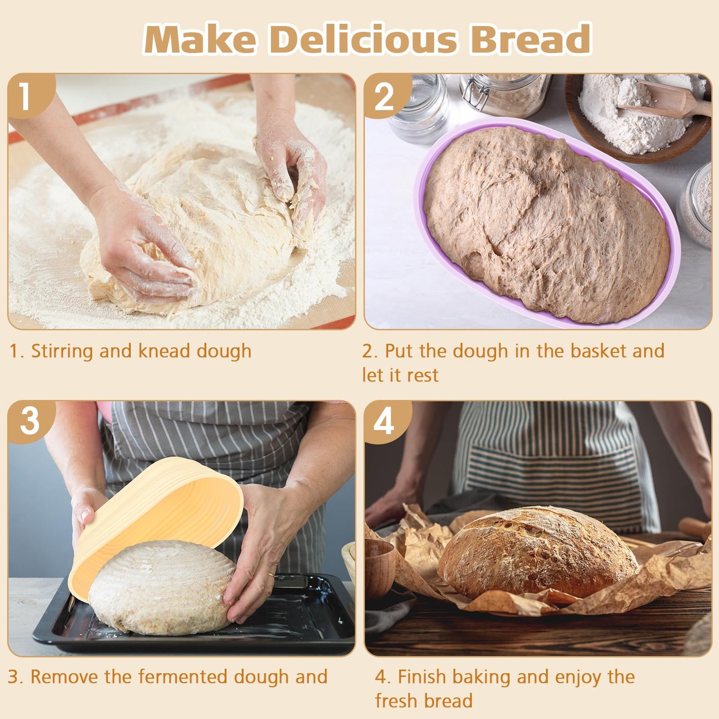 Honeydak 4 Pcs Silicone Bread Proofing Baskets Oval Banneton Basket 10" Collapsible Sourdough Bread Baking Supplies Non-stick Dough Proofing Bowls Container Oven Safe for Breads Making (Vibrant Color)