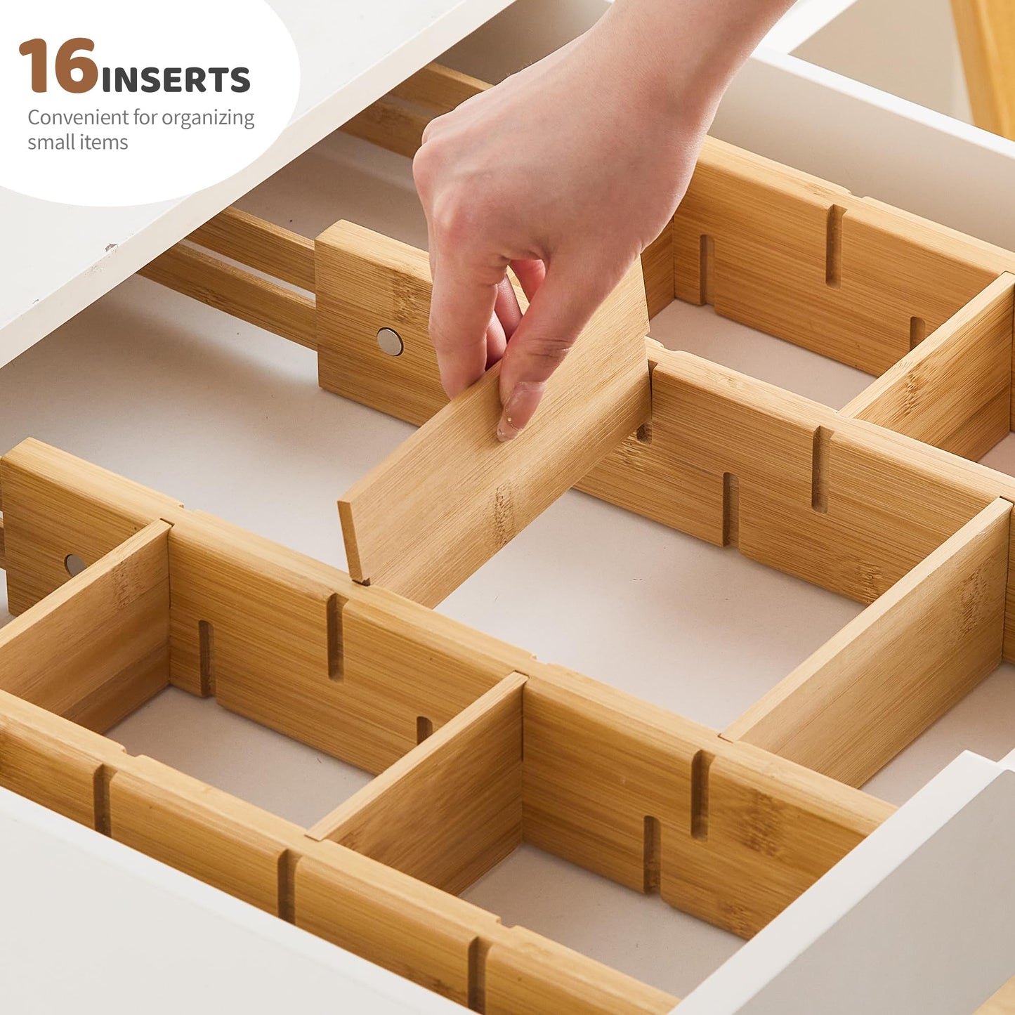 FILWH Bamboo Drawer Dividers with Inserts kitchen drawer organizer Adjustable Expandable 8 Pack Organizer Set for Kitchen Bedroom Bathroom Office 8 Dividers with 16 Inserts (Natural, Small (14-19IN))
