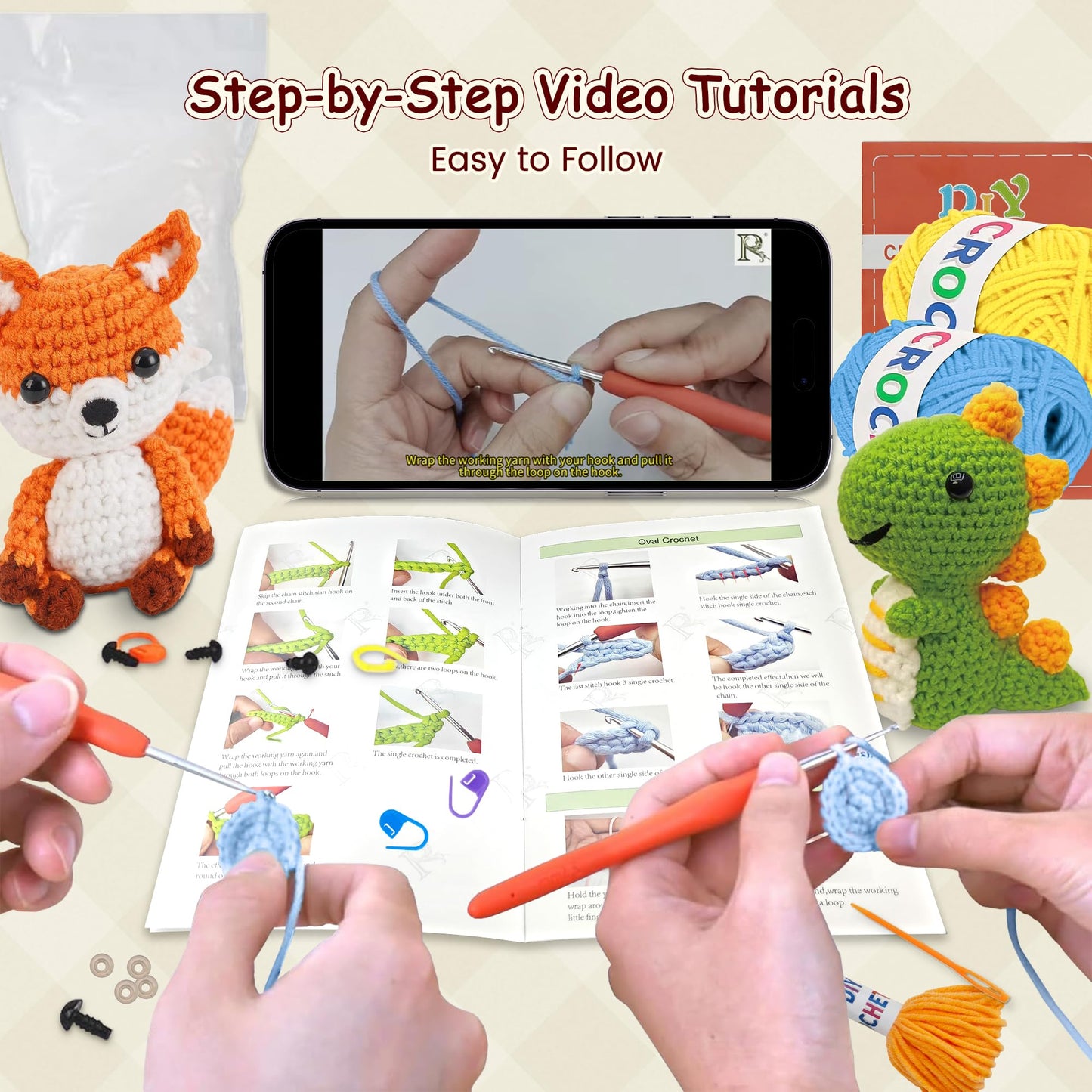 Allaugh Crochet Kit for Beginners Kids: 6pcs Cute Animal Crochet Set Knitting Gift for 8-12 Year Old - Easy to Learn with Step-by-Step Video Tutorials Hook Yarn for Crocheting - DIY Birthday Presents