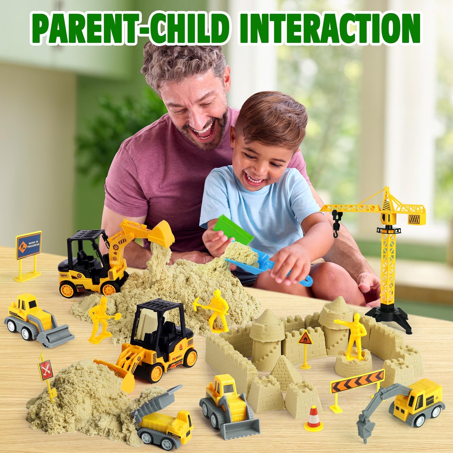 Billeeit Sand Construction Kit with Big Foldable Sandbox and 2.2lbs Moldable Sensory Play Sand, Truck Toys Including Castle Molds and Other Accessories - 36Psc Set Gifts for Kids 3+