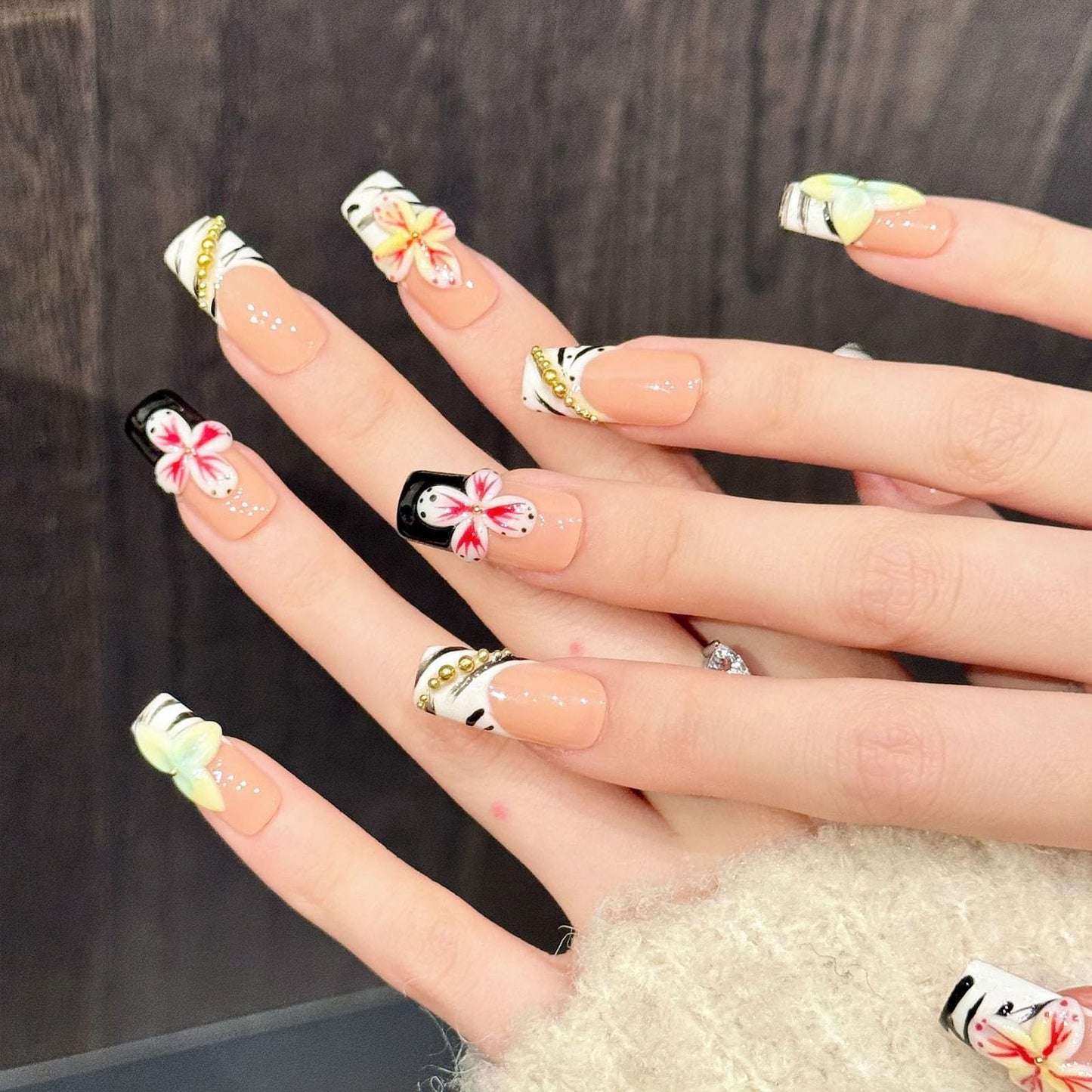 10 Pcs Handmade Press on Nails Medium Square Fake Nails with 3D Flower Design Tiger Stripe French Tip False Nails M Size Press Ons Nails Square for Women Summer Acrylic Manicure