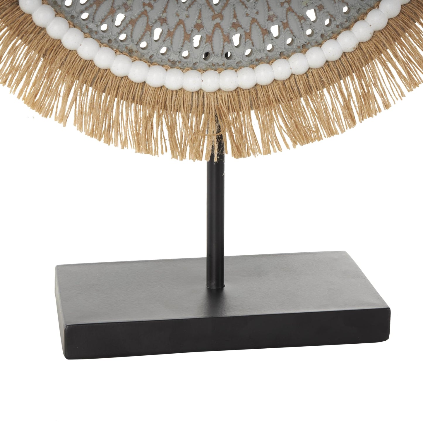 Deco 79 Wooden Tribal Handmade Decorative Sculpture Seagrass Fringed Home Decor Statue with Black Base, Accent Figurine 14" x 4" x 18", Gray