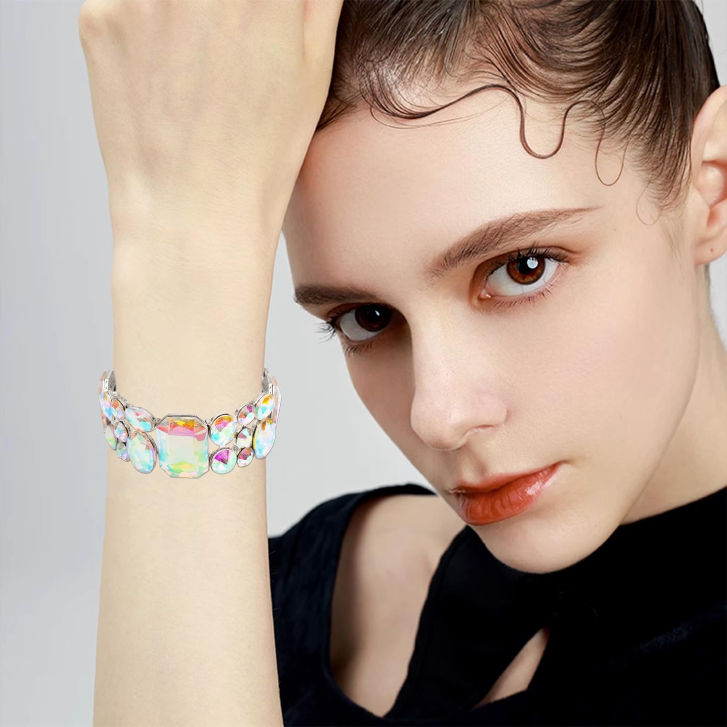 CSY Women's Statement Stretch Wide Bangle Bracelets Austrian Crystal Art Deco Elastic Bracelet for Party Prom (AB crystal-platinum)