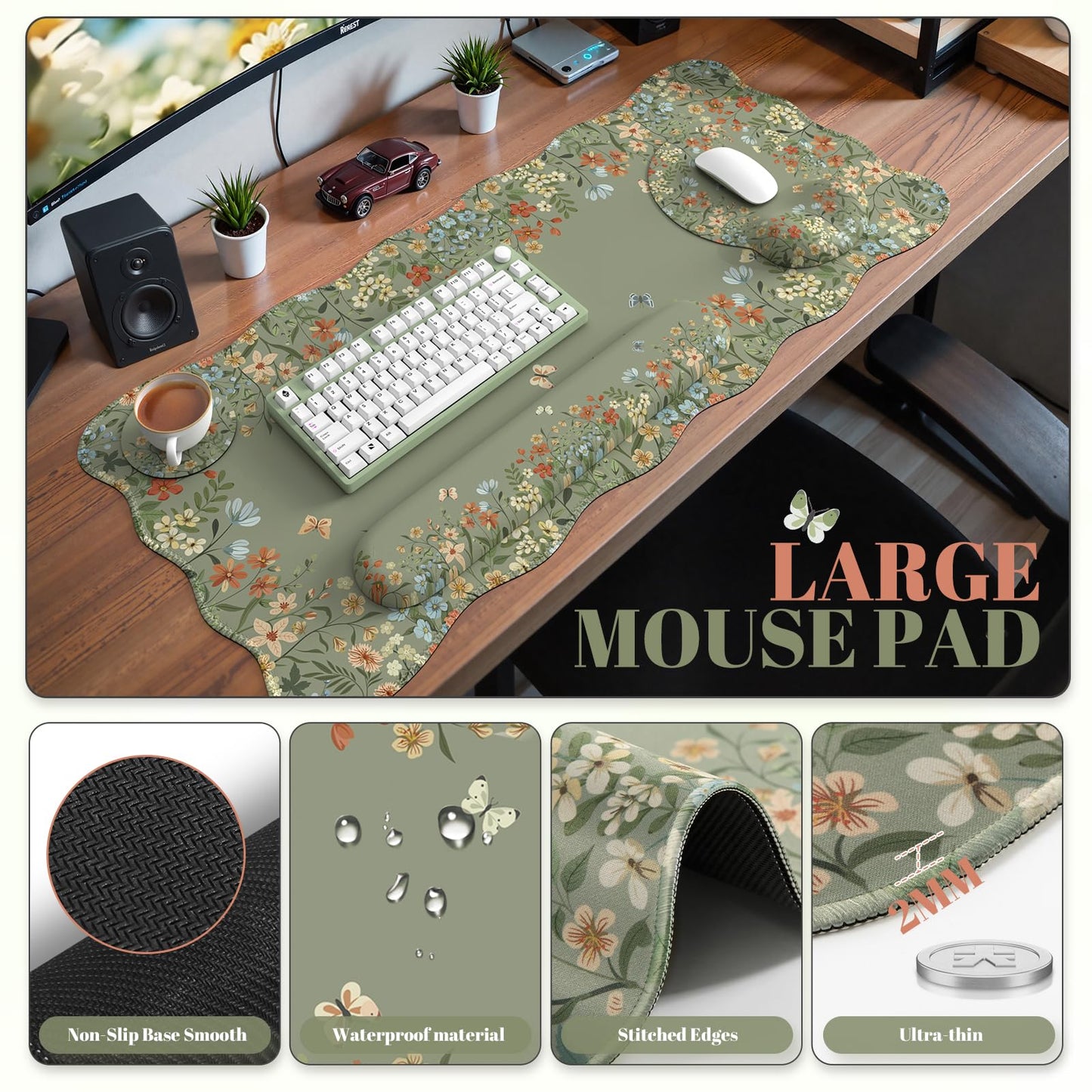 iCasso Desk Mat Set,Large Mouse Pad with Wrist Rest,Ergonomic Keyboard Wrist Support for Women,Girly Floral Computer Mat with Scalloped Edges,Non-Slip Desk Pad Home Office Gaming (Green)