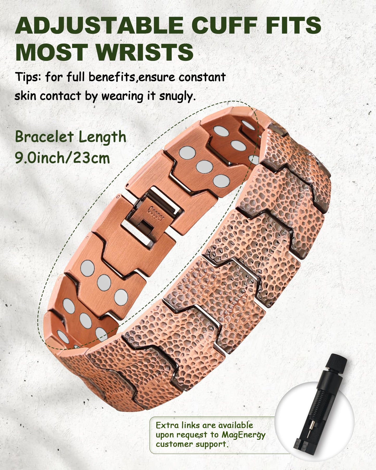 MagEnergy Copper Bracelet for Men, 3X Strength Magnetic Bracelet with 3800 Gauss Magnets, Hammered Design&Patent Pending, Adjustable Length with Sizing Tool