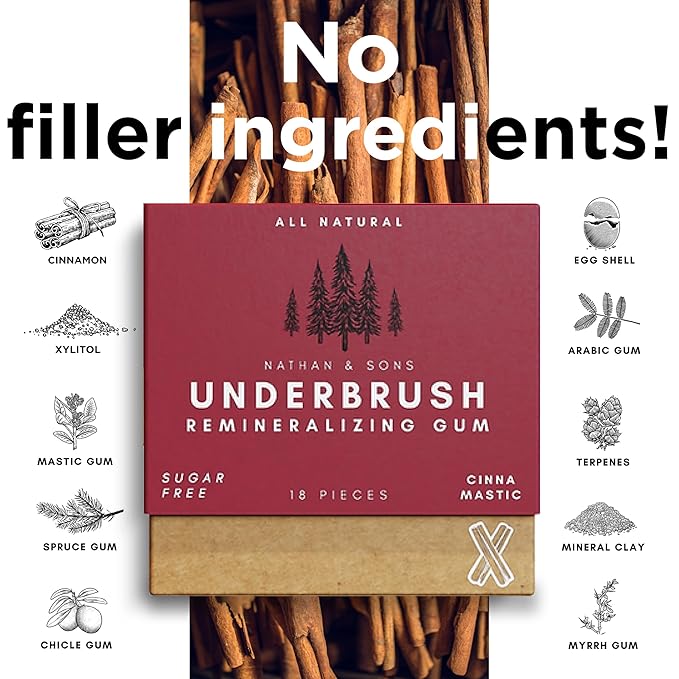 Underbrush Cinna-Mastic Remineralizing Gum, Sugar Free Xylitol Gum With Hydroxyapatite, Supports Fresh Breath and Oral Health, Tree Sap Base, Gluten Free, No Sucralose or Aspartame, 2 Pack