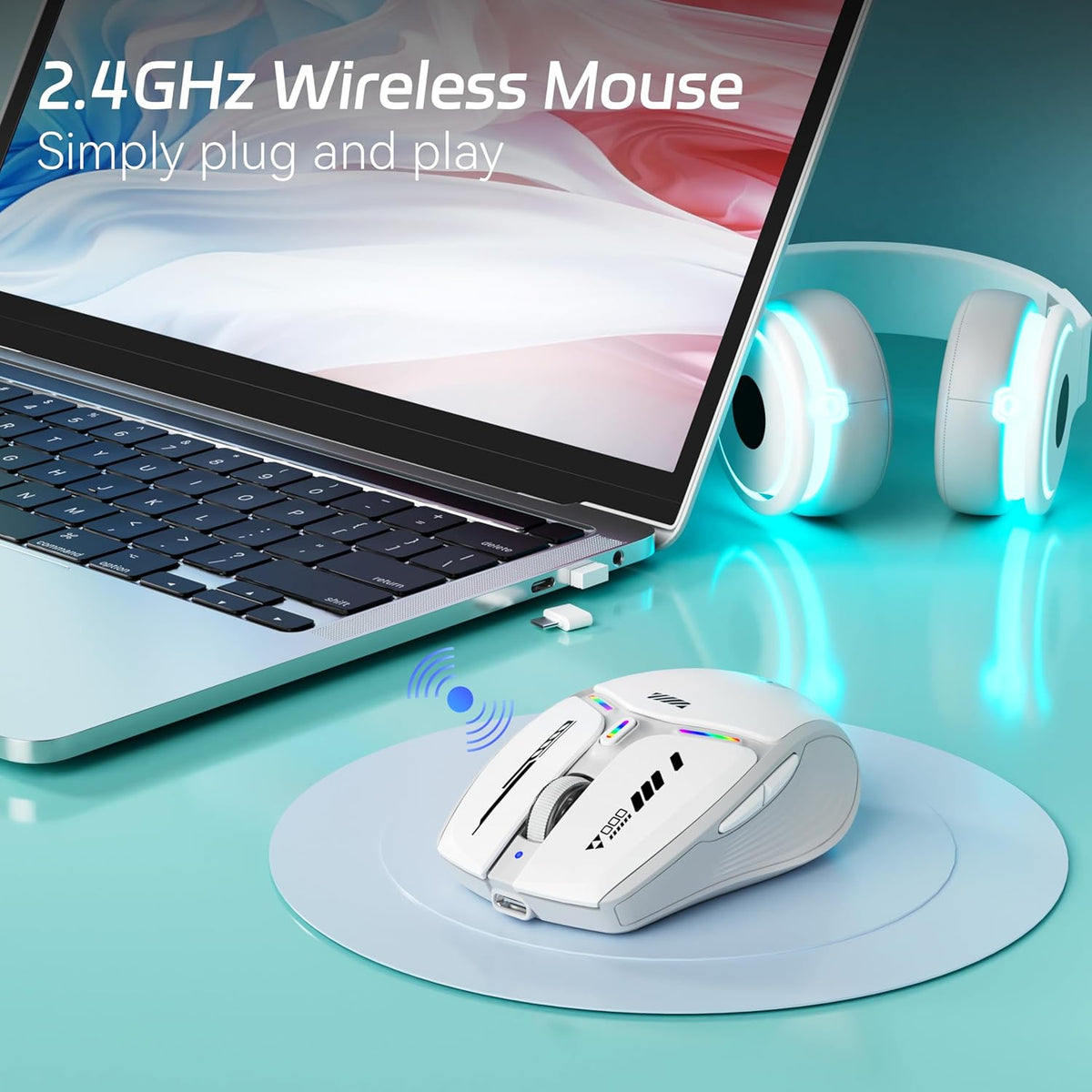 Uciefy V19 Wireless Mouse, 2.4GHz Rechargeable Mouse LED with Battery Indicator, Magnetic Computer Mice with USB Receiver & Type-C Adapter for Laptop/PC/Mac/Chromebook-White