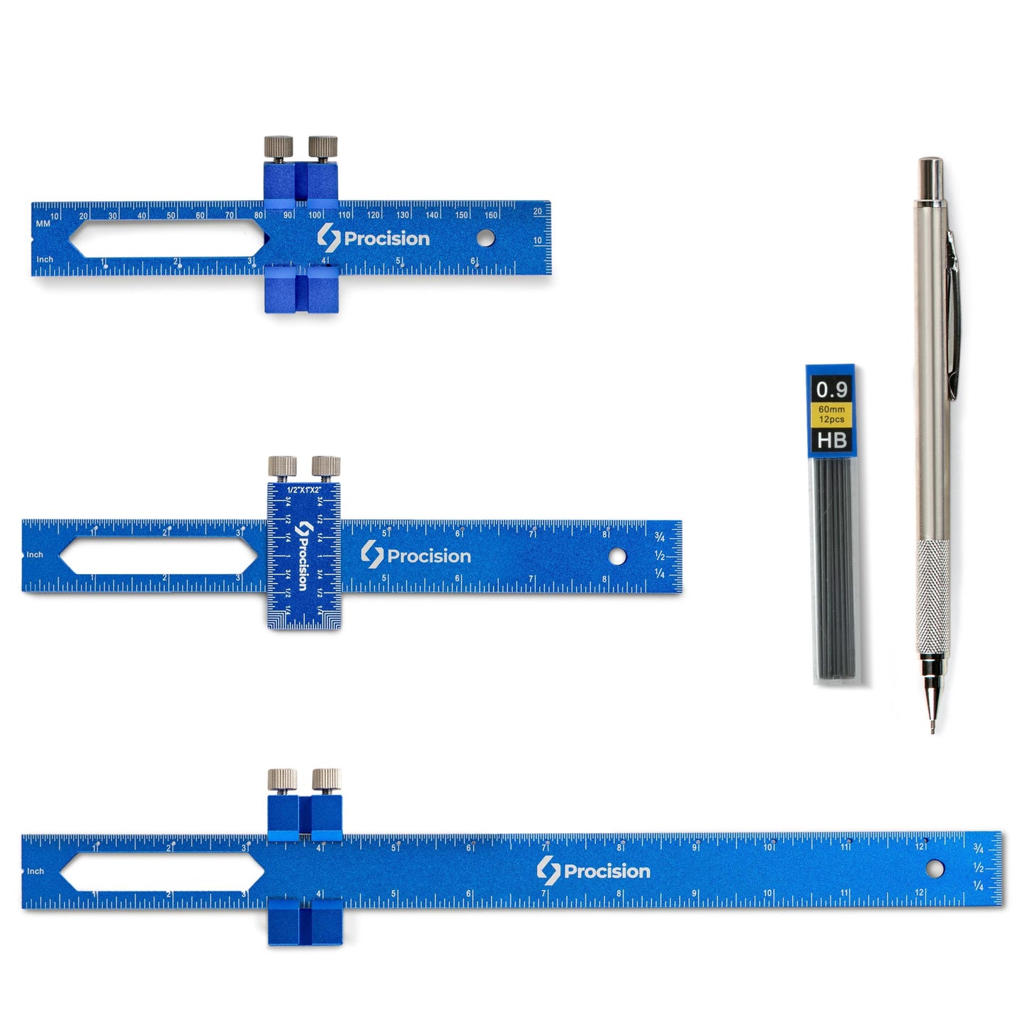 ELEON Precision Woodworking Ruler, Set of 3 (12, 8, 6 Inch) - Precise Woodworking Pocket Tool with Extra Wide 2" Sliding Attachment - Slide T-Square Scribing Kit Plus Mechanical Pencil - Aluminium