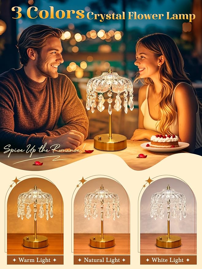 Vintage Lamp, 3 Colors 10 Brightness Crystal Lamp Flower Lamps, 3600mAh Rechargeable Lamps Cordless Lamps Bedroom Kitchen Bathroom, Desk Decor for Women, Valentines Day Gifts Valentines Gifts for Her